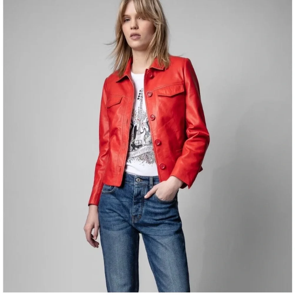 Zadig & Voltaire Red Orange Liam Leather Button-Front Jacket - Picture 2 of 9